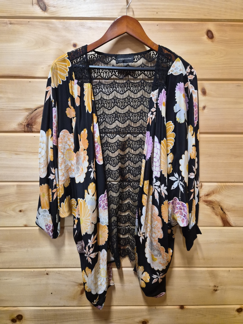 Corey Lynn Calter Black Floral And Lace Kimono